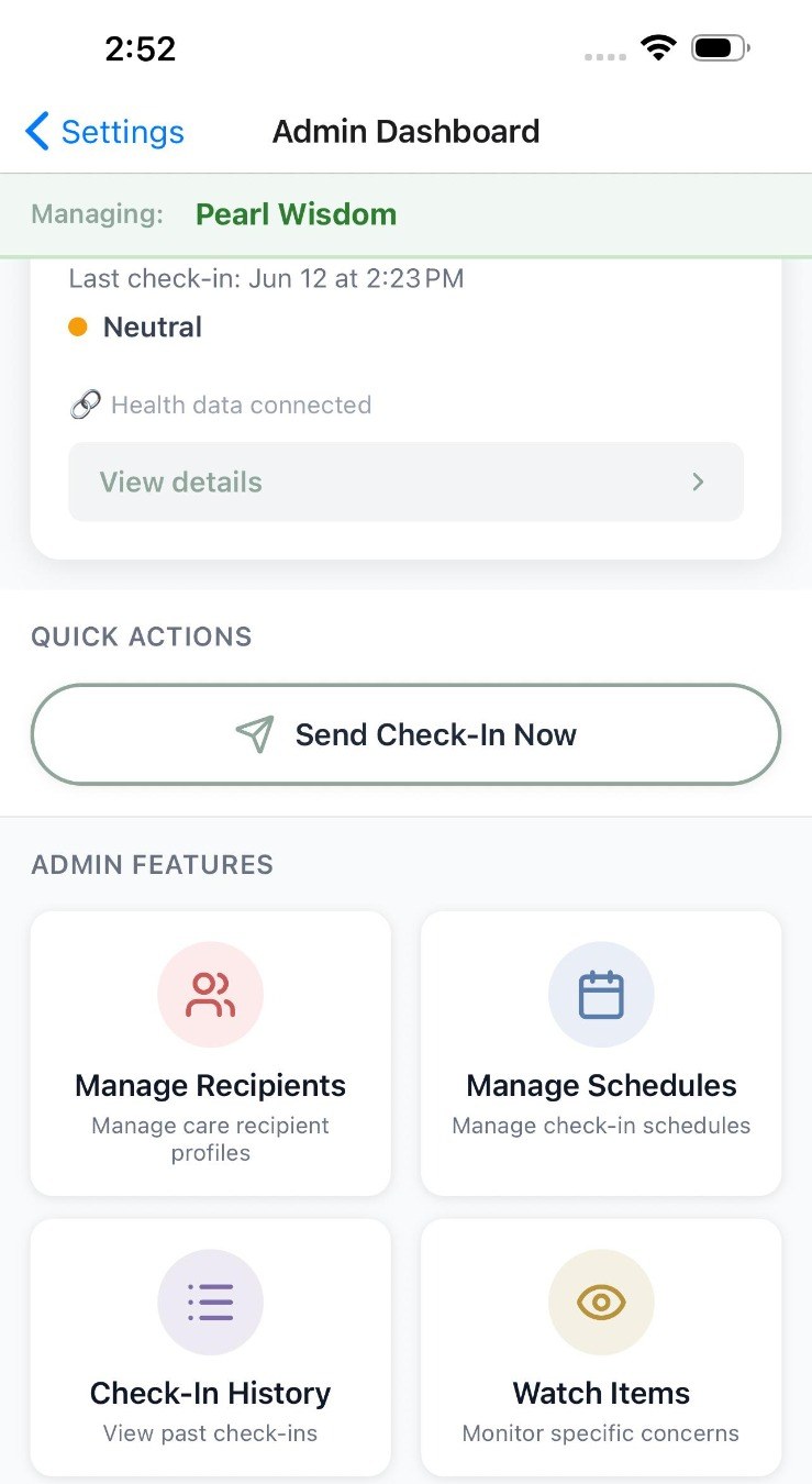 Frannie Admin Dashboard for a caregiver