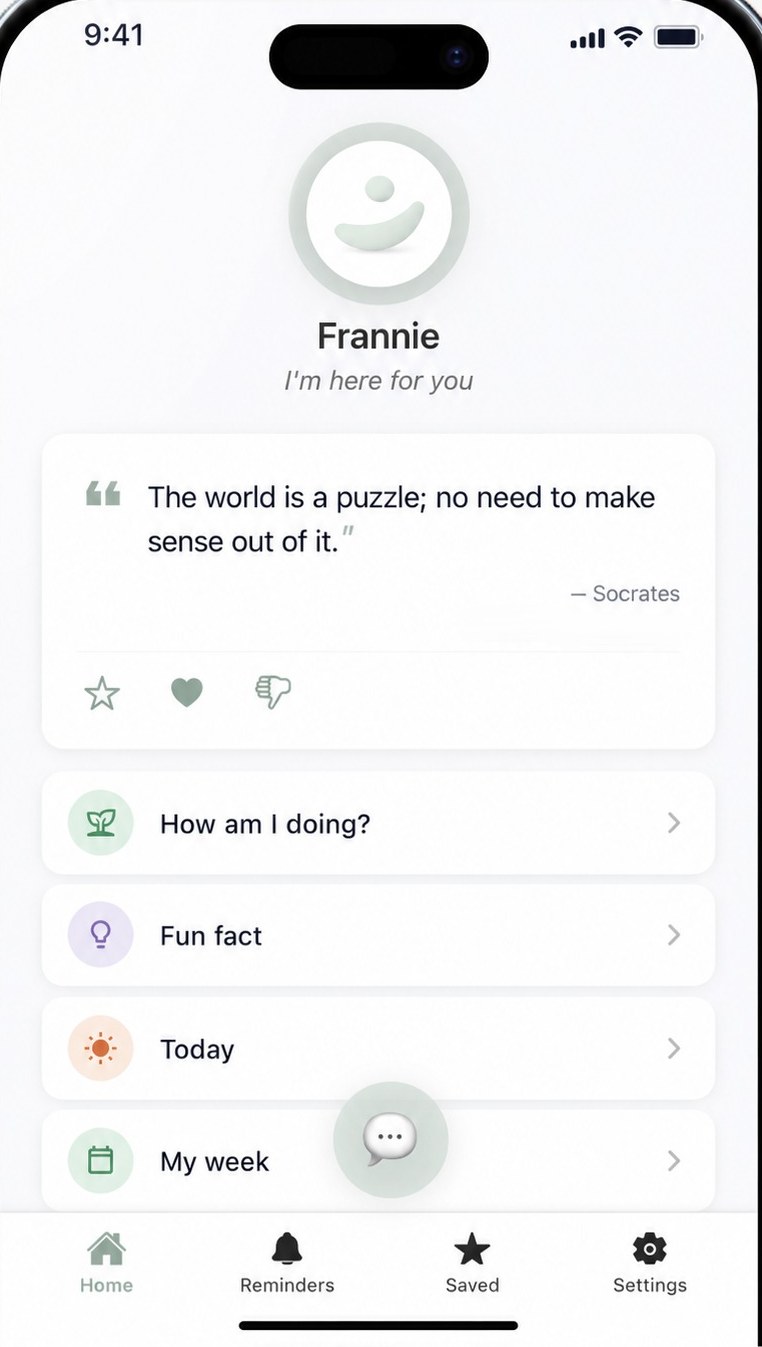 Frannie Home screen with a daily quote and menu